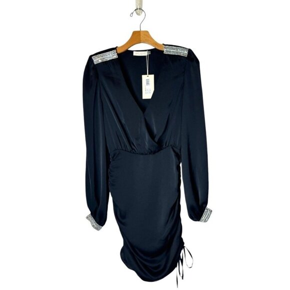 Ramy Brook Dress Women 00 Black Satin Rhinestone Embellished Foxy Mini Cocktail - Picture 2 of 15